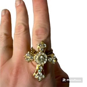 Golden diamond cross stretchable ring will fit any size finger pretty 🤩
